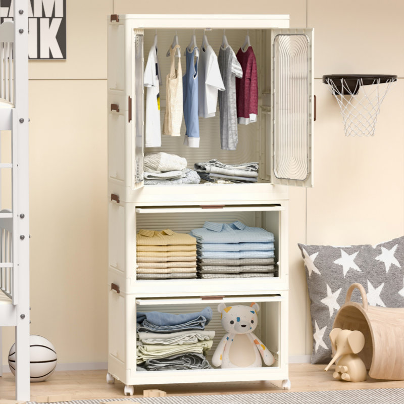 Rebrilliant Portable Wardrobe Closet Storage Organizer For Clothes Clothes Dresser Magnetic Doors With 4 Cubes Hanging Rod 10 Pcs Hangers Baby Wardrobe Storage Cabinet White Wayfair